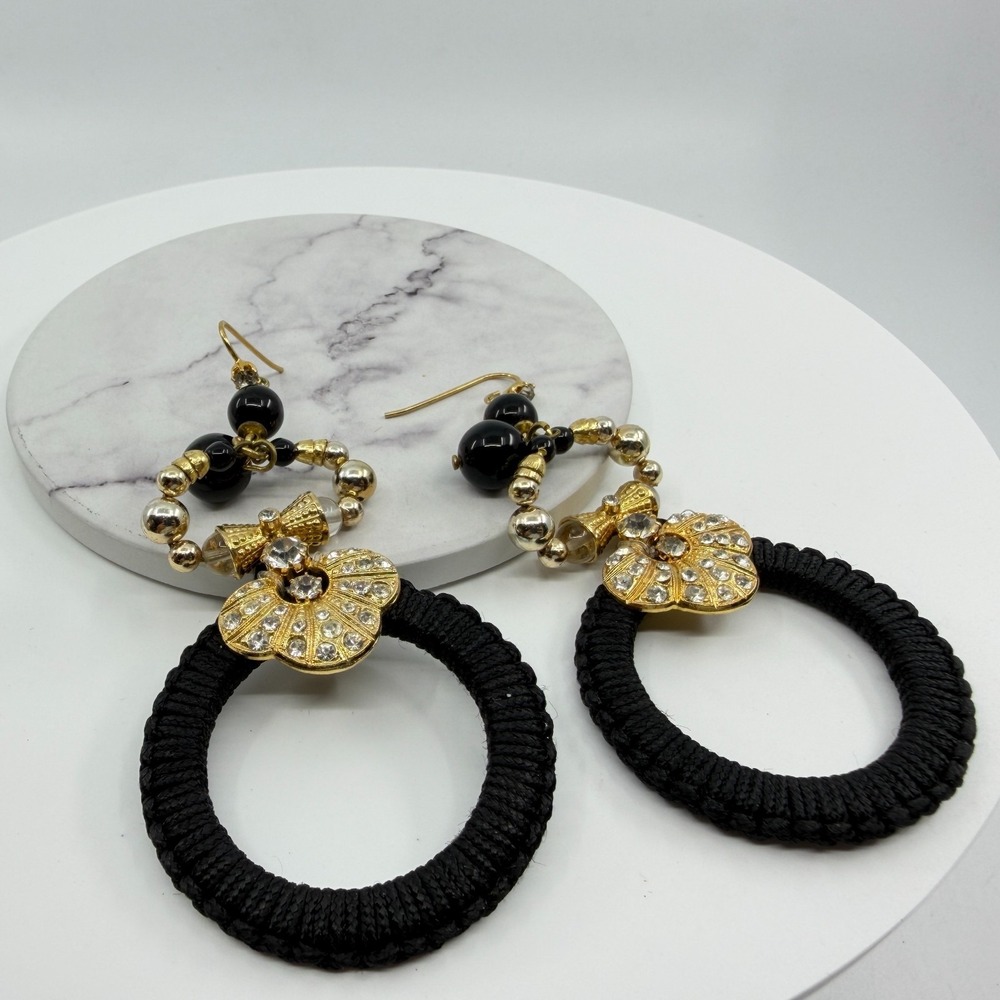 Statement Black Thread Hoop Dangle Earrings Rhinestone Gold Tone Boho Chic Gift